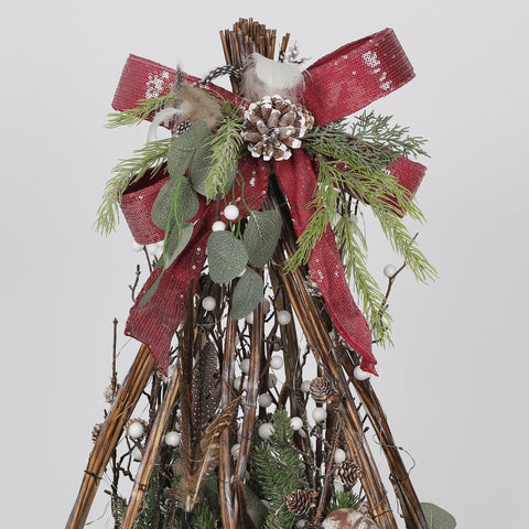 Christmas Tree in Basket with Red Bow, Pinecones & Bell – Holiday Decoration