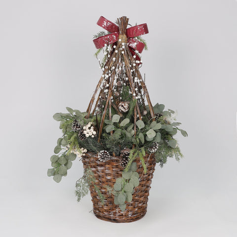 Christmas Tree in Basket with Red Bow, Pinecones & Bell – Holiday Decoration