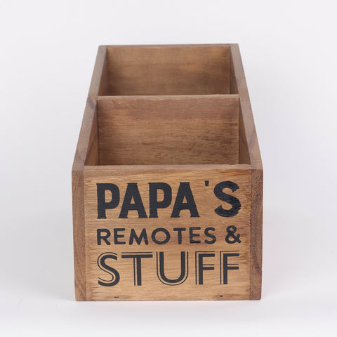 Box Organizer for Papa’s Remotes and Stuff – MDF Wood Caddy with Compartments – Remote Control Holder for Table or Nightstand