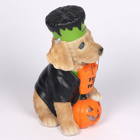18.5’’H Halloween Resin Dog with Moving LED Eyes and jack-o-lantern – Indoor Halloween Decoration