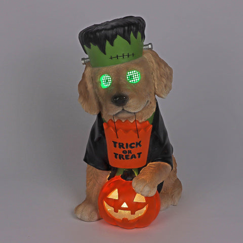18.5’’H Halloween Resin Dog with Moving LED Eyes and jack-o-lantern – Indoor Halloween Decoration