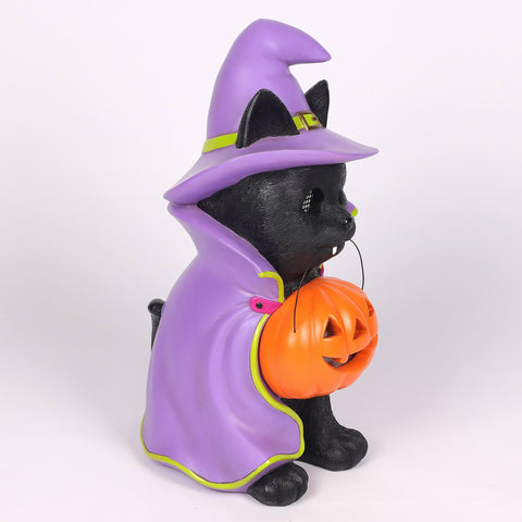 18.5’’H Halloween Resin Cat with Moving LED Eyes and jack-o-lantern – Indoor Halloween Decoration