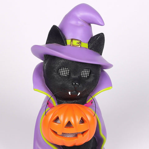 18.5’’H Halloween Resin Cat with Moving LED Eyes and jack-o-lantern – Indoor Halloween Decoration