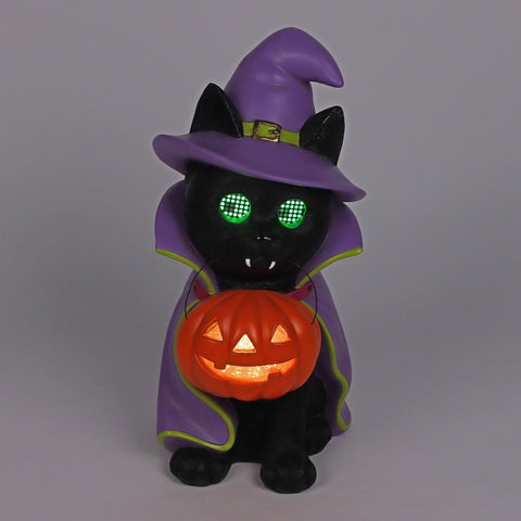 18.5’’H Halloween Resin Cat with Moving LED Eyes and jack-o-lantern – Indoor Halloween Decoration
