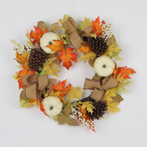 Fall Wreath with White Pumpkins & Pine Cones Décor