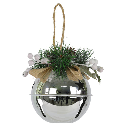 Christmas Shiny Silver Bell Ornament with Pine Needle and Berry Accents