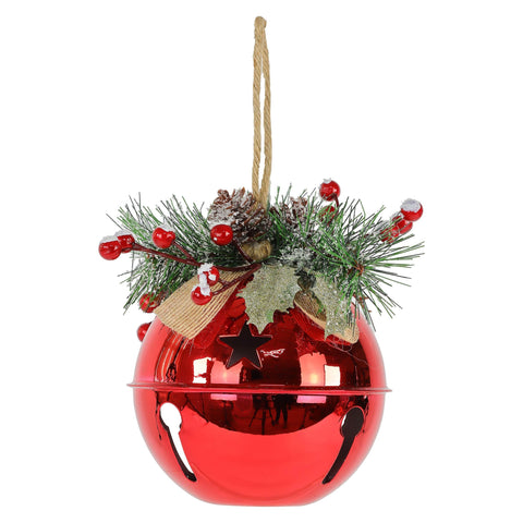 Christmas Shiny Red Bell Ornament with Pine Needle and Berry Accents