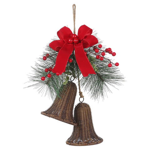 Christmas Dark Brown Rattan Bell Door Hanger with Red Bow, Pine, and Berries