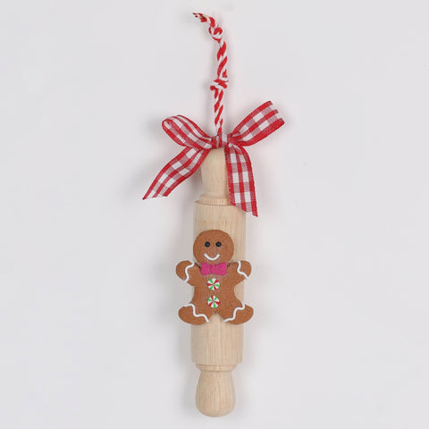 Gingerbread Man Rolling Pin Christmas Ornament with Plaid Bow