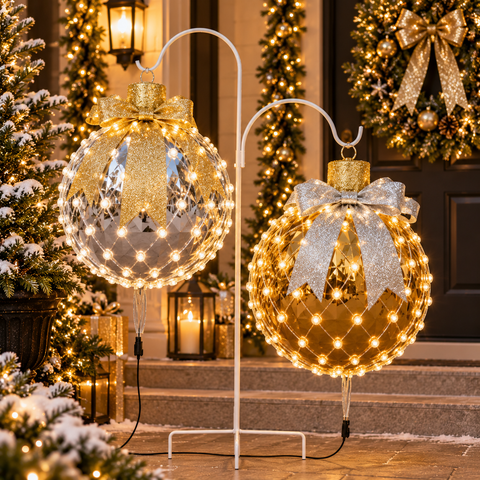 Pre-Lit Silver & Gold Jumbo Christmas Ornament Combo with Stand – Set of 2