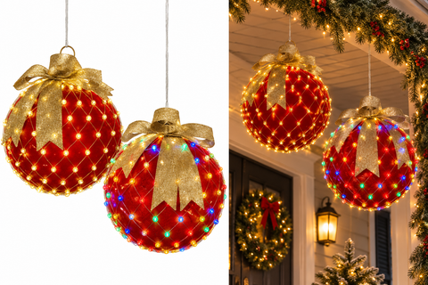 Pre-Lit Red Jumbo Christmas Ornament Combo with Stand – Set of 2 (RG)