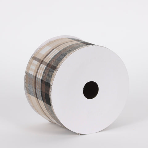 CHRISTMAS 2.5IN X 5YDS KHAKI/GREY PLAID RIBBON