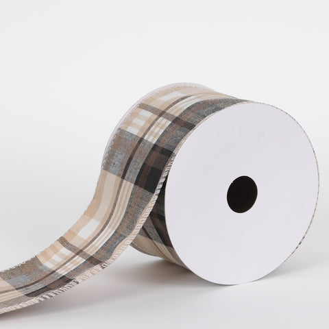 CHRISTMAS 2.5IN X 5YDS KHAKI/GREY PLAID RIBBON