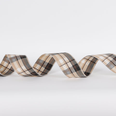 CHRISTMAS 2.5IN X 5YDS KHAKI/GREY PLAID RIBBON
