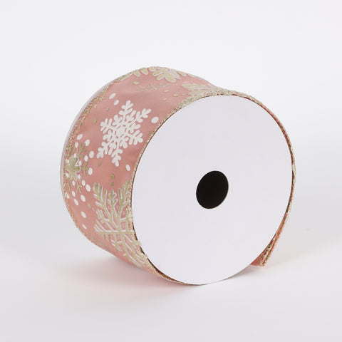 CHRISTMAS 2.5IN X 5YDS PINK W/ GLD SNOWFLAKE RIBBON