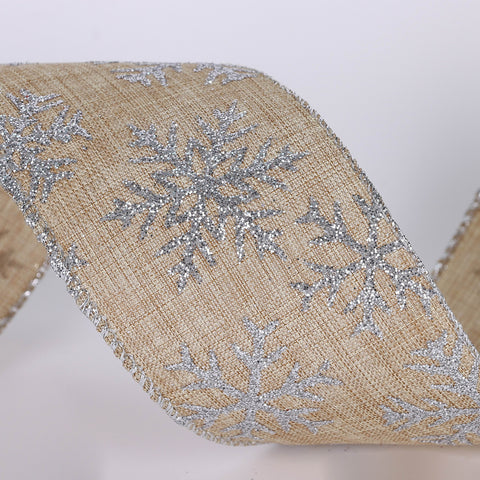 CHRISTMAS 2.5IN X 5YDS LINEN W/SILVER SNOWFLAKE RIBBON