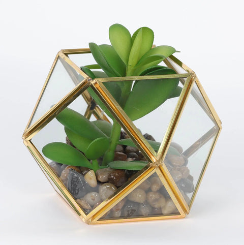 Brass Terrarium With Faux Succulent - 5.25 Inch Artificial Plant for Home Decor
