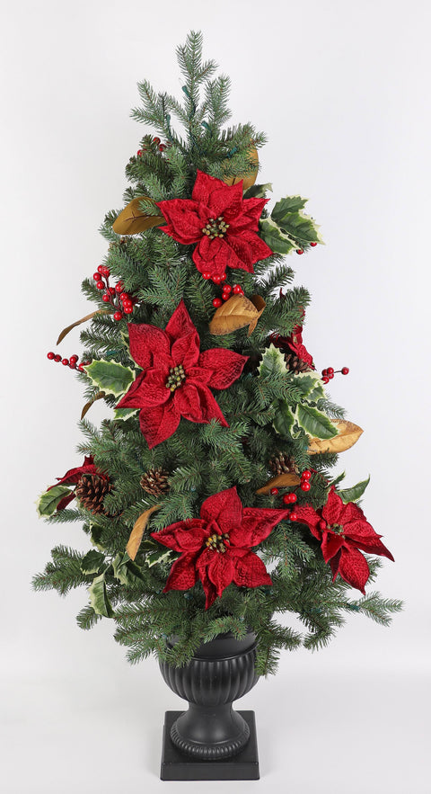 4.5 Ft 100 Lights Potted Christmas Tree With Red Poinsettia