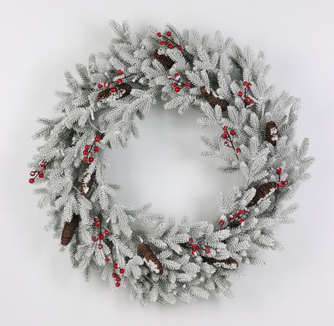 30 Inch Bo 35 Lights Flocked Wreath With Red Berry