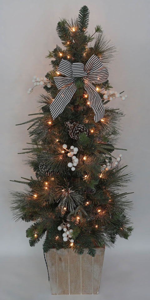 4.5 Ft  Christmas Potted Tree With Grey Stripe Ribbon And Pinecone