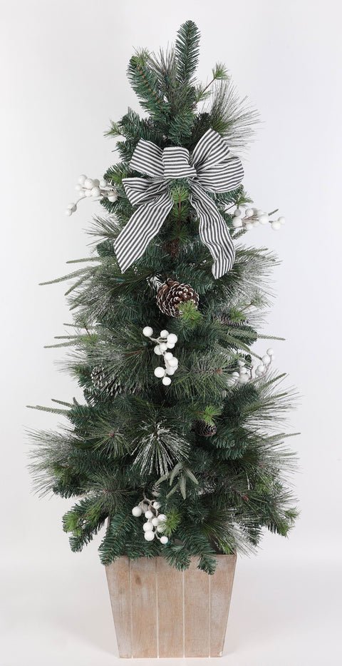4.5 Ft  Christmas Potted Tree With Grey Stripe Ribbon And Pinecone