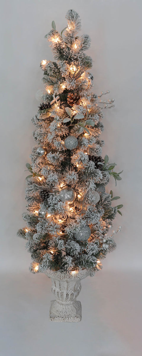4.5-FT 100 LIGHTS CHRISTMAS SILVER WHITE SP ORNAMENTS FLOCKED PINECONE PRE-LIT POTTED TREE
