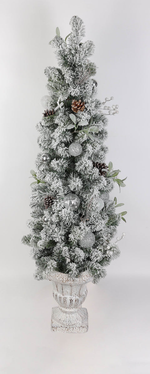 4.5-FT 100 LIGHTS CHRISTMAS SILVER WHITE SP ORNAMENTS FLOCKED PINECONE PRE-LIT POTTED TREE