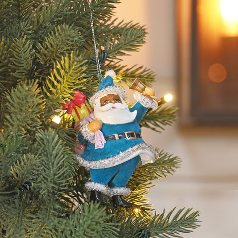 Christmas 4.5In Black Santa In Blue Suit W/Gifts Ornament