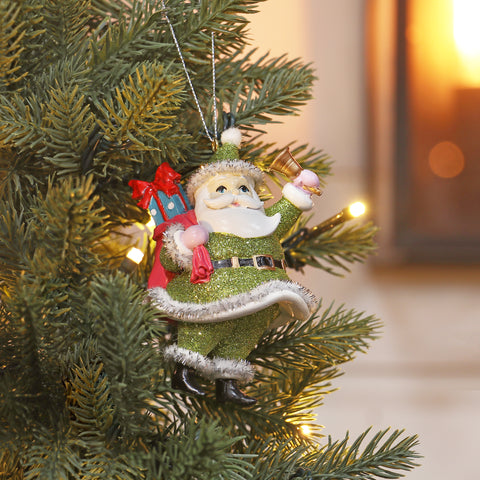 Christmas 4.5In Santa In Green Suit W/Gifts Ornament