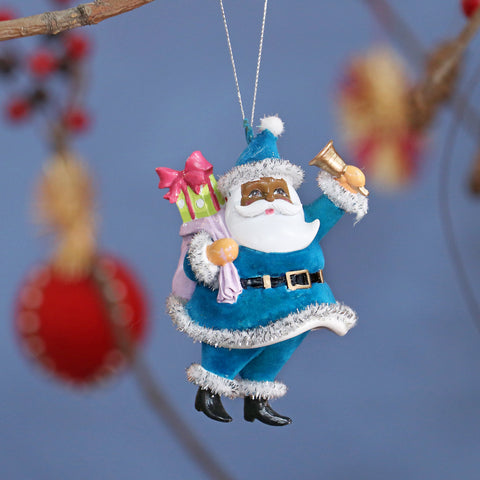 Christmas 4.5In Black Santa In Blue Suit W/Gifts Ornament