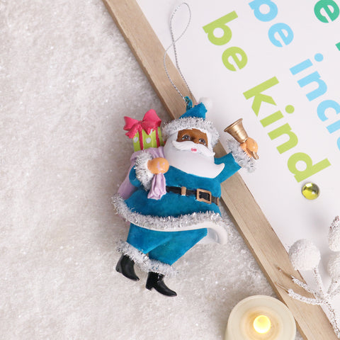 Christmas 4.5In Black Santa In Blue Suit W/Gifts Ornament