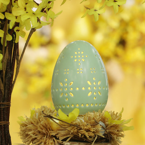 Light Up Ceramic Hollow Cutout Egg-Green