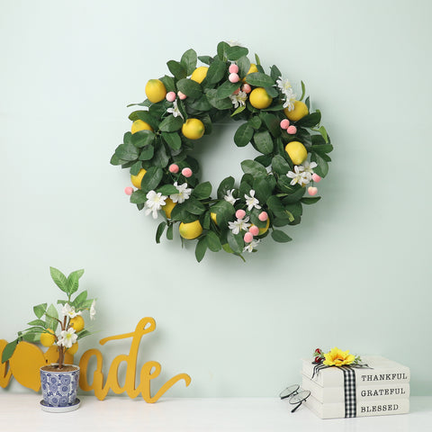 Artificial Lemon Wreath 16 Inch with Delicate White Flowers