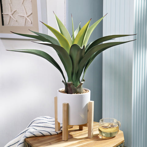 Faux Foliage Agave Artificial Plant in White Ceramic Pot with Wooden Stand: Lifelike 25.6" Plant for Home and Office Decoration