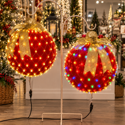 Pre-Lit Red Jumbo Christmas Ornament Combo with Stand – Set of 2 (RG)