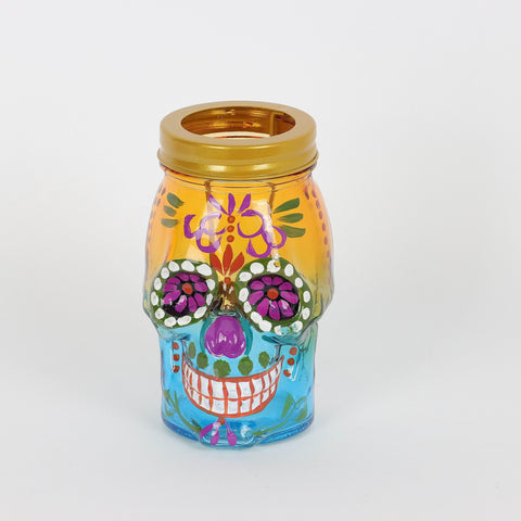 Day of the Dead Yellow and Blue Sugar Skull Candle Holder