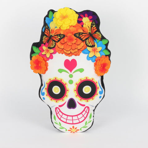 Day of the Dead Sugar Skull Pillow with Floral Crown