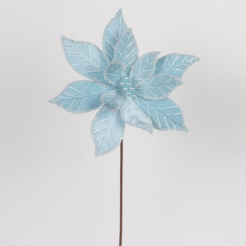 Frosted Blue Poinsettia with Silver Sparkle Outline Christmas Pick Spray - Festive Decoration