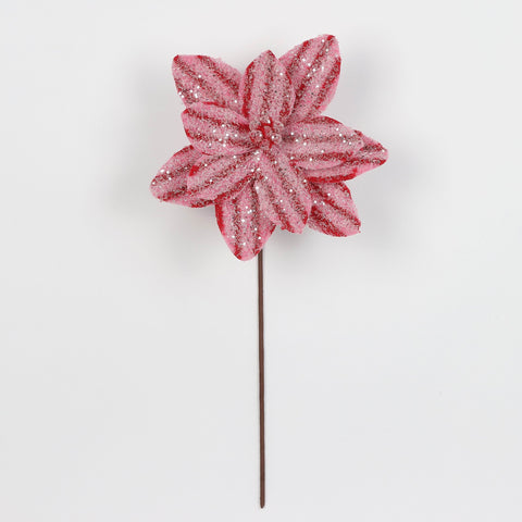 Red and Pink Poinsettia Stem Pick with Candy Snow Glitter – Christmas Floral Décor