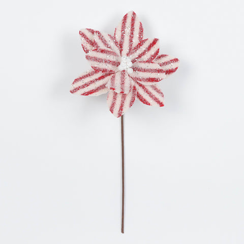 Red and White Fleece Stripe Poinsettia Stem Pick Spray with Silver Glitter – Christmas Wreath and Garland Décor
