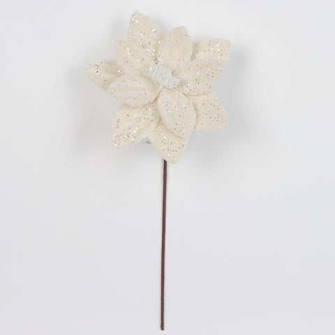 Ivory Fleece Stripe Poinsettia Stem Pick Spray with Glitter – Christmas Wreath and Garland Décor