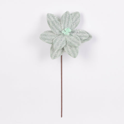 Mint Fleece Stripe Poinsettia Stem Pick Spray with Glitter – Christmas Wreath and Garland Décor