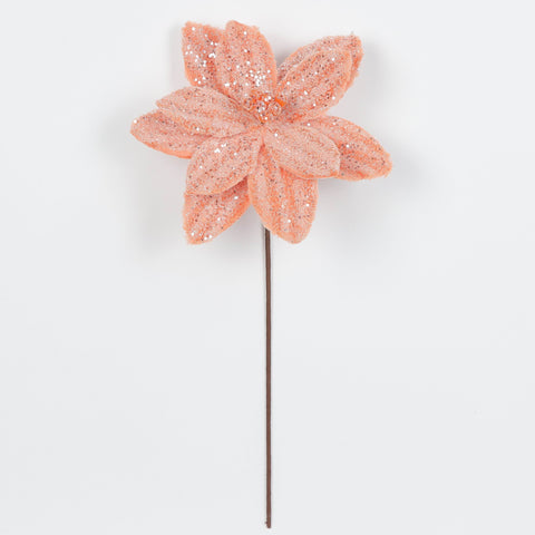 Blush Velvet Coral Fleece Stripe Poinsettia Stem Pick Spray with Glitter – Christmas Wreath and Garland Décor