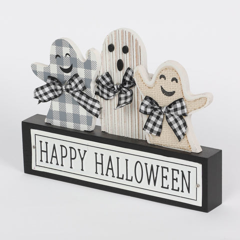 9.875*1.25*9.5‘’ Happy Halloween Table Décor W/Ghost Wearing Plaid Bows