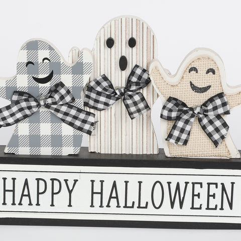 9.875*1.25*9.5‘’ Happy Halloween Table Décor W/Ghost Wearing Plaid Bows
