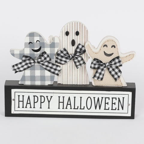 9.875*1.25*9.5‘’ Happy Halloween Table Décor W/Ghost Wearing Plaid Bows