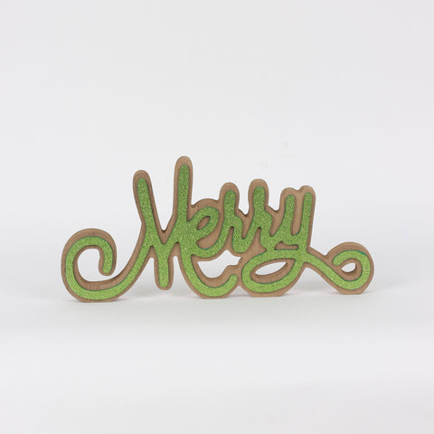 Wooden with Green Glitter Merry Table Décor - Festive Holiday Accent