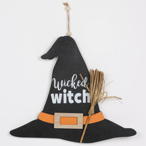 Halloween Wicked Witch Black Hat Wall Hanger with Broom Décor