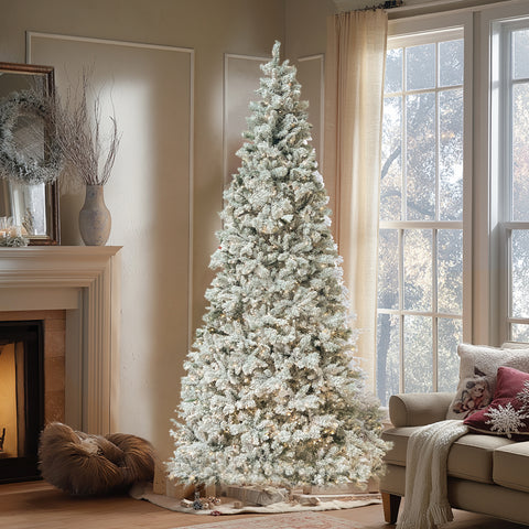 12Ft Pre-Lit Hard Needle/Pvc Tips Artificial Tree W/Flock