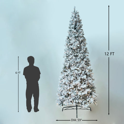12Ft Pre-Lit Hard Needle/Pvc Tips Artificial Tree W/Flock